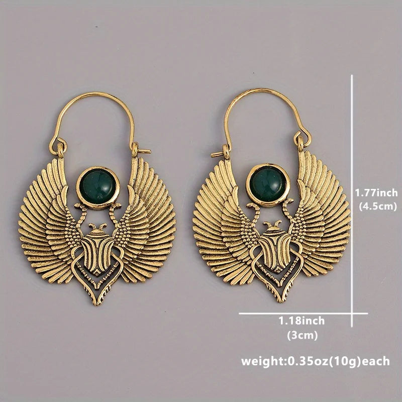 Sacred Wings Beetle  Emerald Hoop Earrings