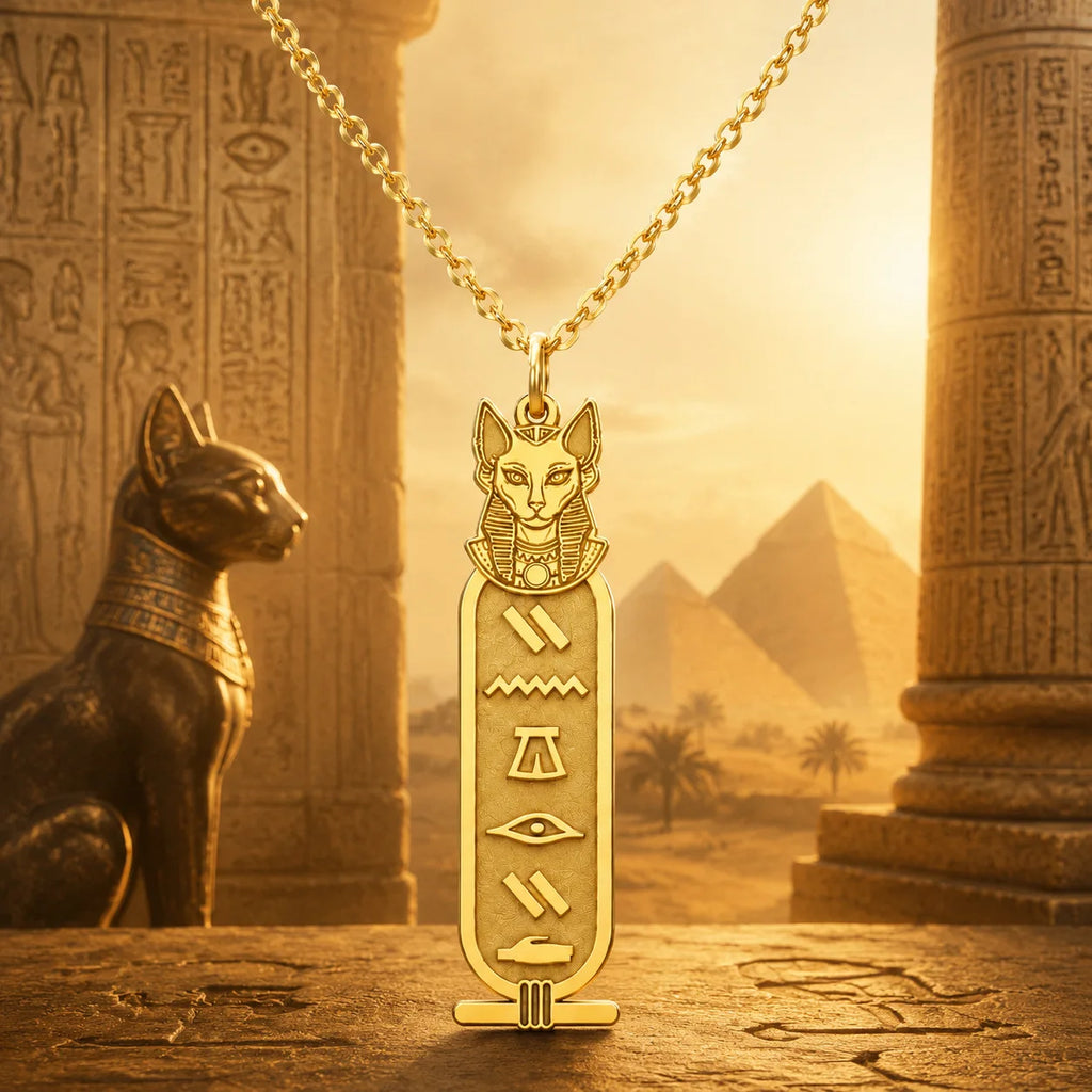 Custom Bastet Cartouche Necklace.