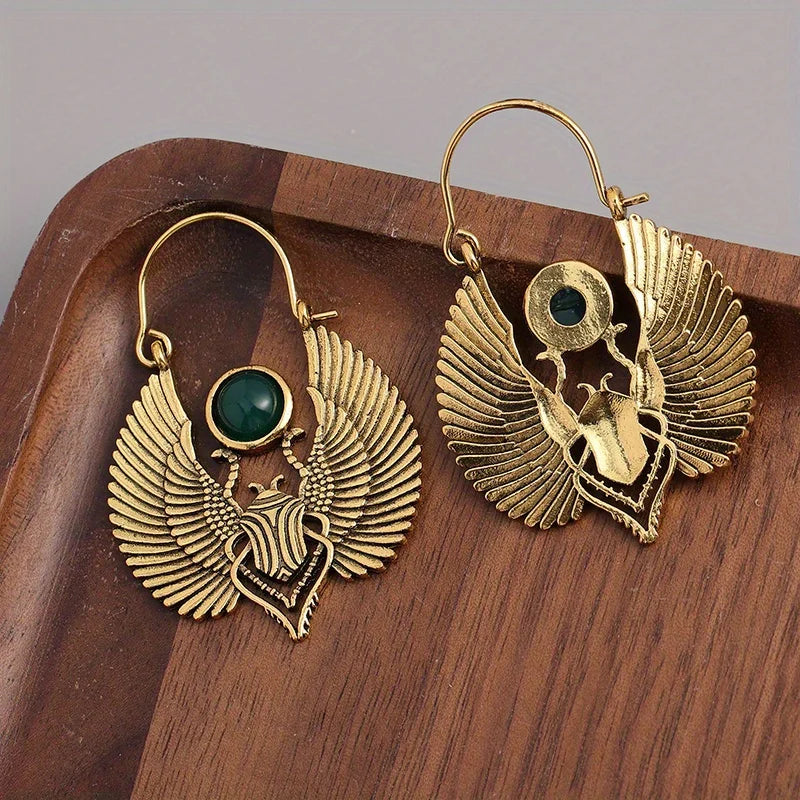 Sacred Wings Beetle  Emerald Hoop Earrings