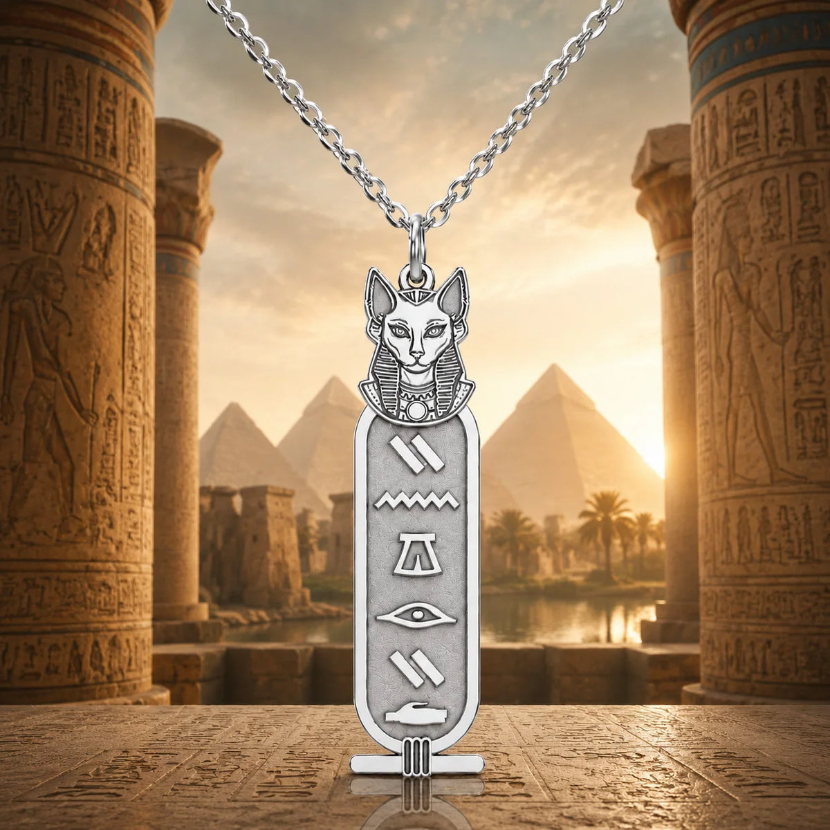 Custom Bastet Cartouche Necklace.