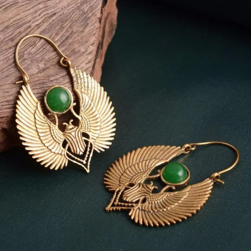 Sacred Wings Beetle  Emerald Hoop Earrings