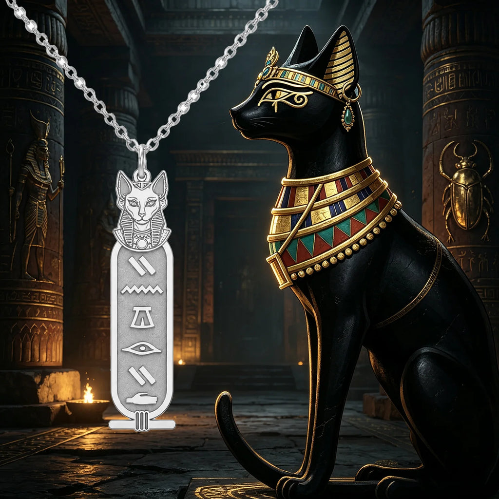 Custom Bastet Cartouche Necklace.