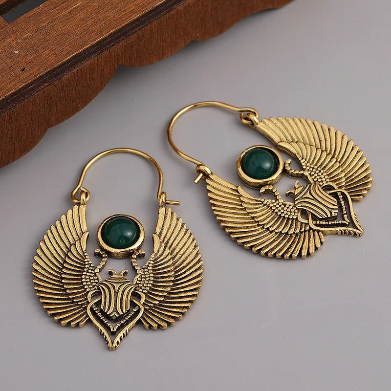 Sacred Wings Beetle  Emerald Hoop Earrings