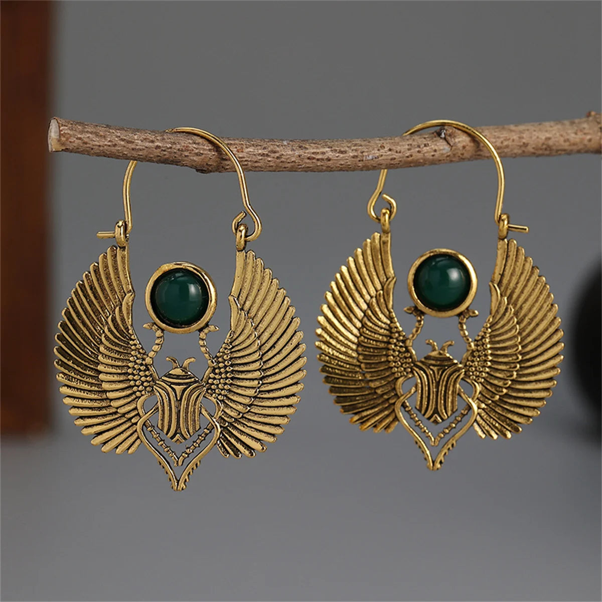 Sacred Wings Beetle  Emerald Hoop Earrings