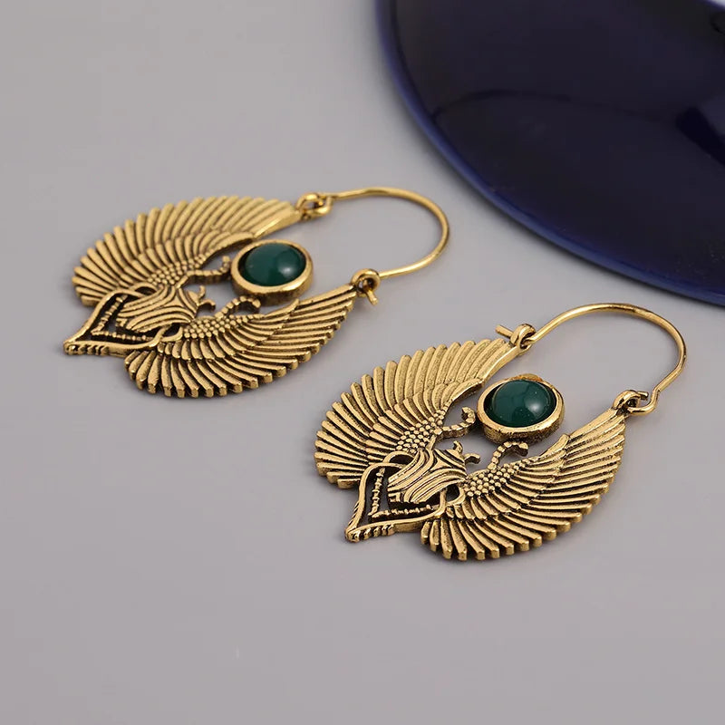 Sacred Wings Beetle  Emerald Hoop Earrings