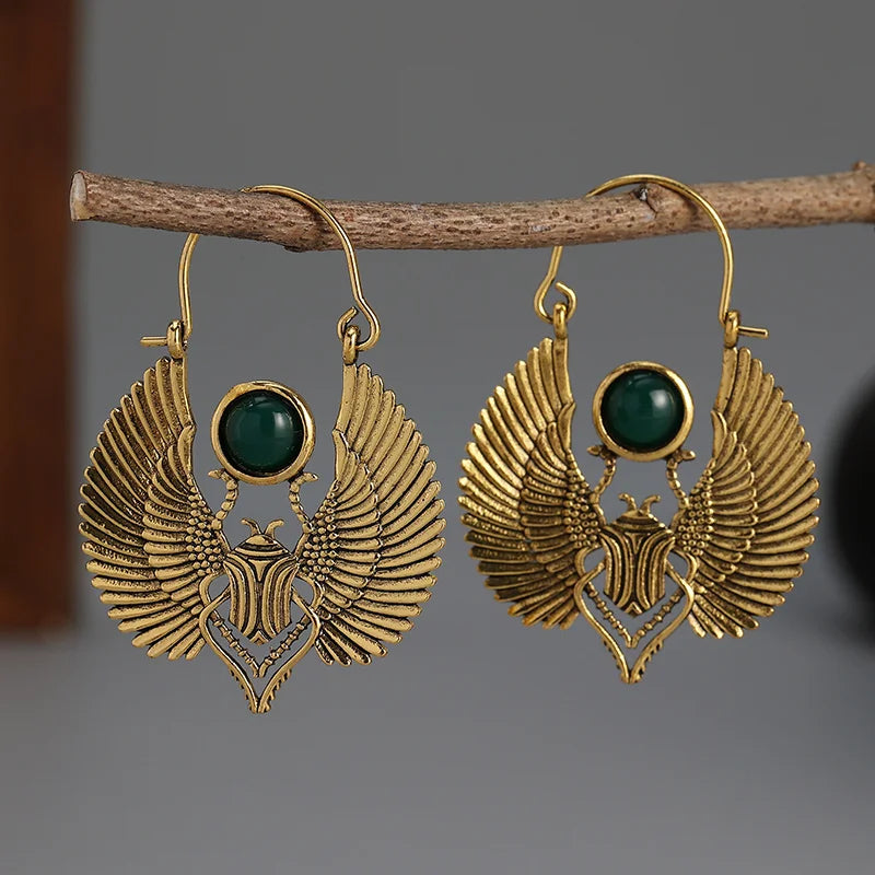 Sacred Wings Beetle  Emerald Hoop Earrings